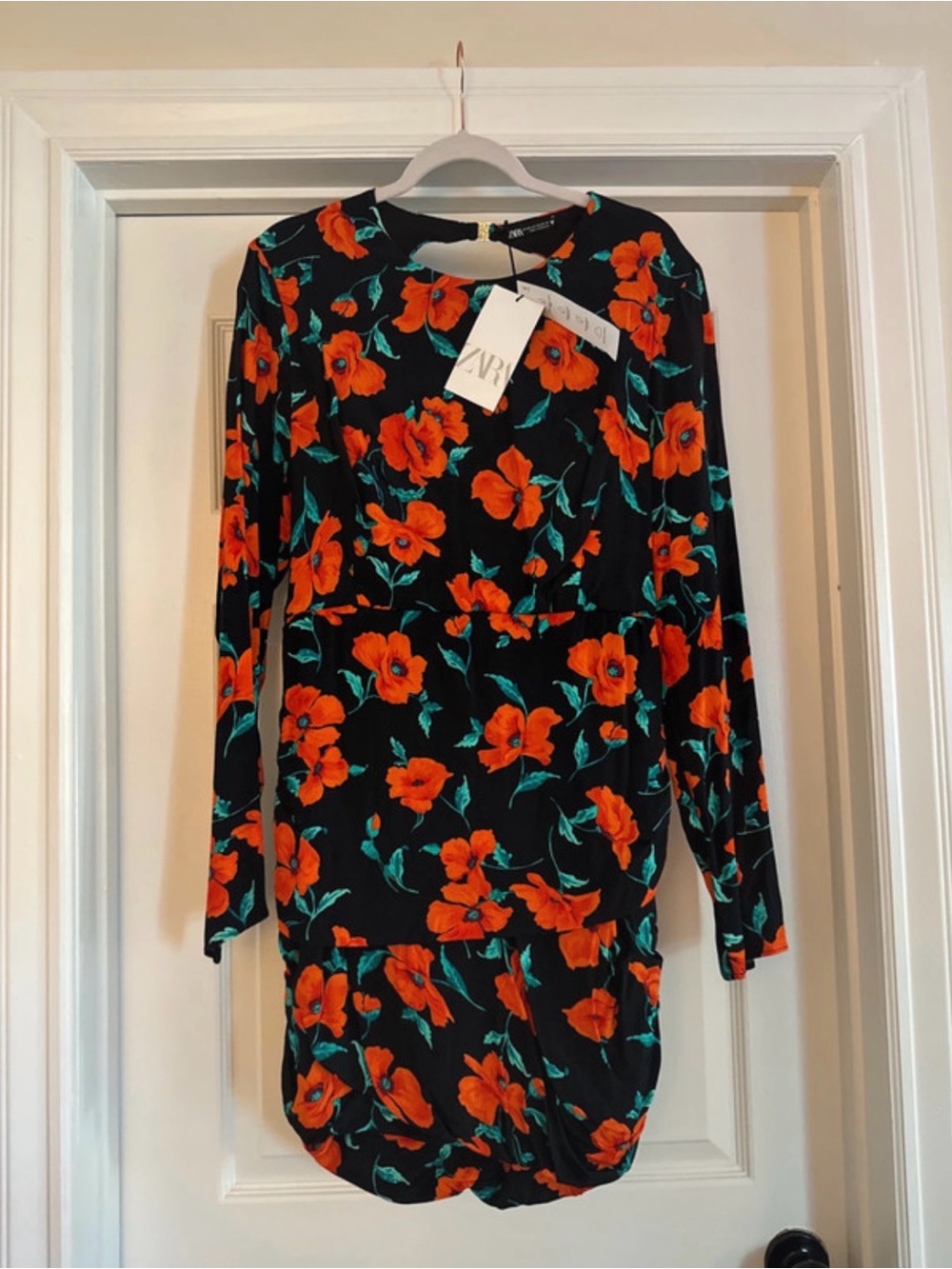 NWT Zara Black Long-Sleeve Mini Dress with Orange Floral Print